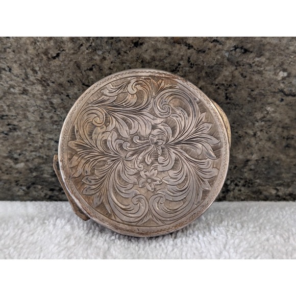 Other - Vintage Engraved Silver Metal Compact Mirror With Pressed Powder Ornate Floral